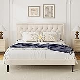 CXVX King Size Platform Bed Frame with Upholstered Velvet Button Tufted Headboard, Mattress Foundation with Wooden Slat Support, No Box Spring Needed, Easy Assembly, Noise Free, Beige