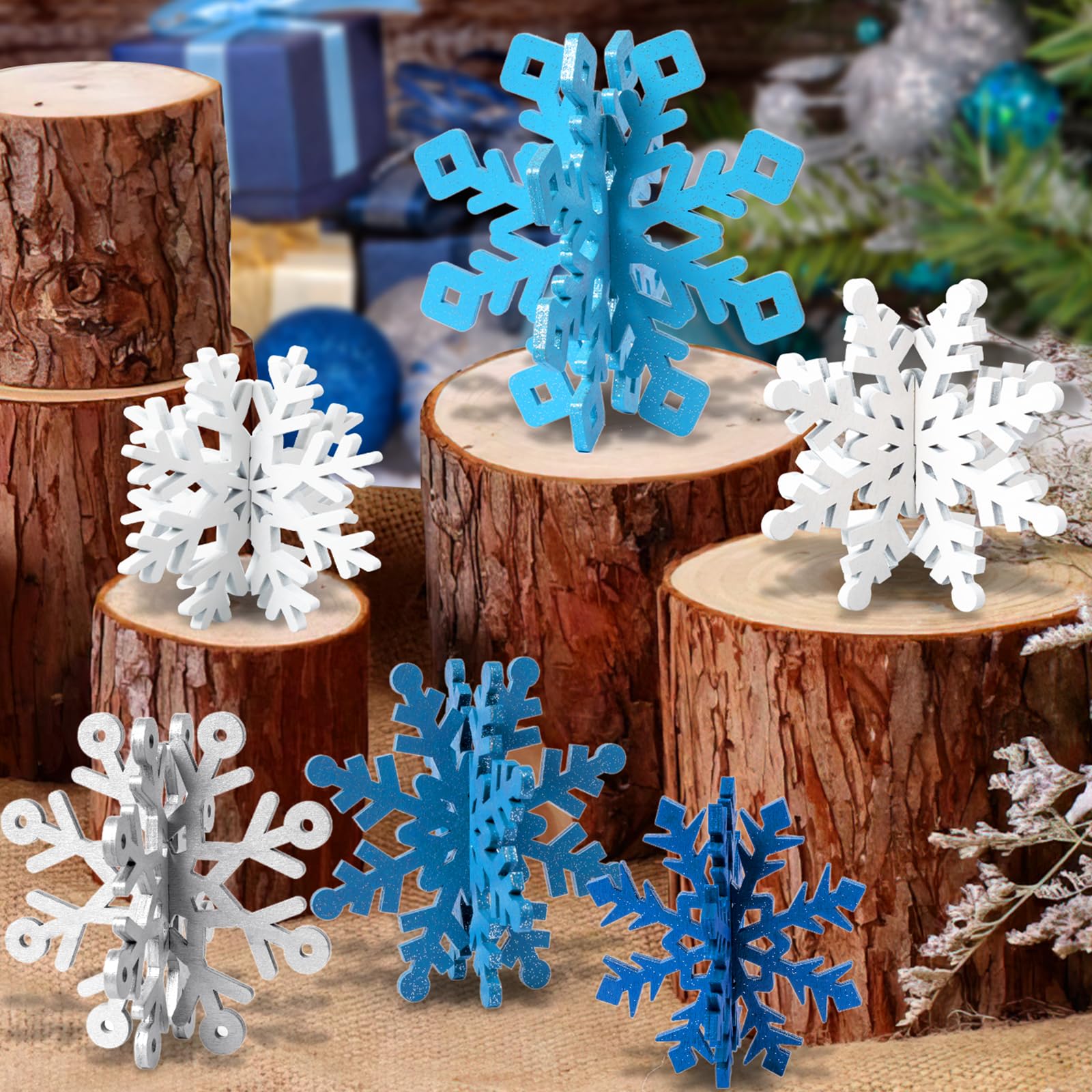 Photo 1 of OuMuaMua 6 Set Snowflake Christmas Table Decorations - 12pcs Blue White Glitter Wooden 3D Snowflake Decor Tabletop Centerpiece for Christmas Party Supplies Home Decor