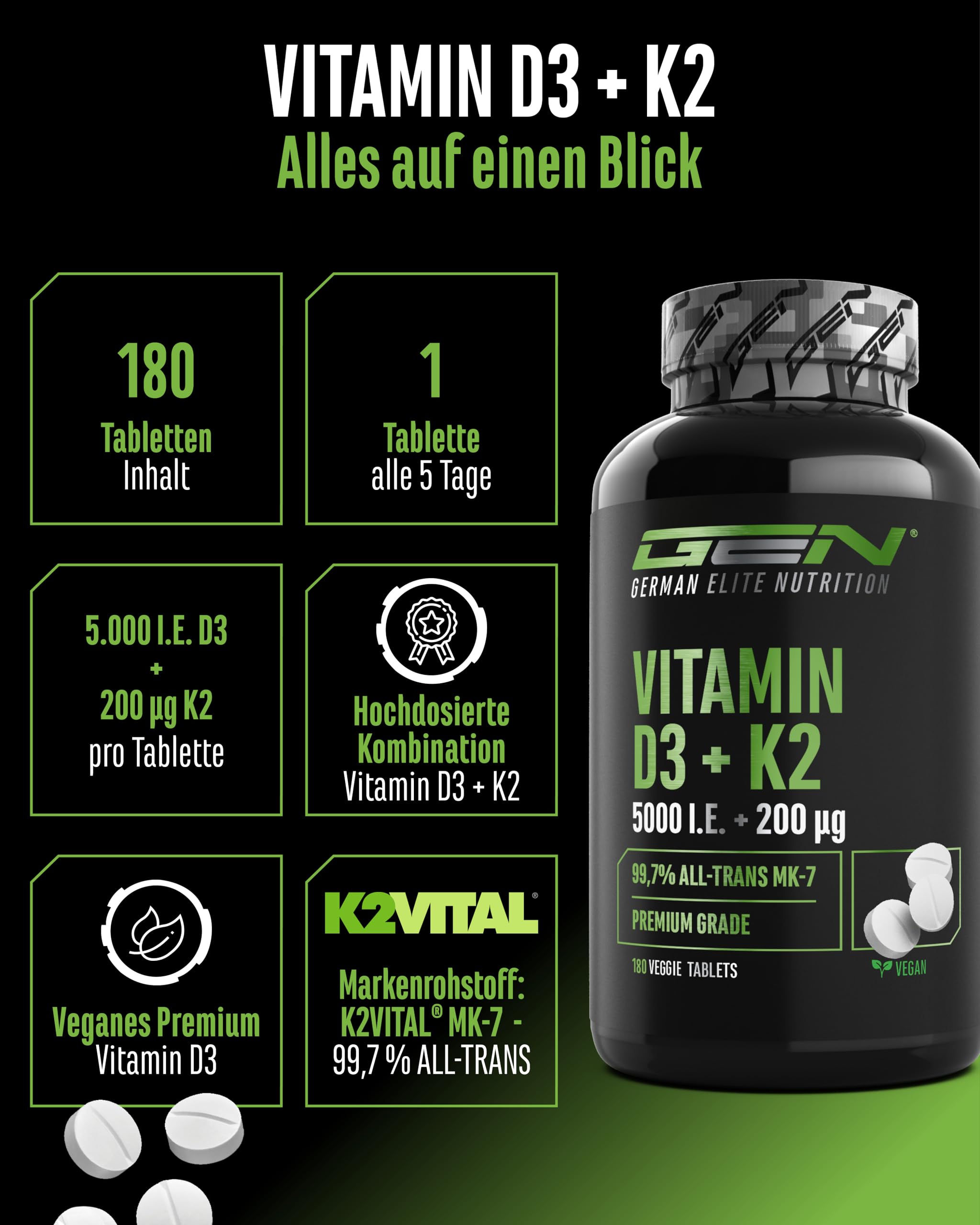 Vitamin D3 + K2 Depot - 180 Tabletten mit 5000 IE D3 + 200 mcg K2 (MK7) - Premium-Qualität: K2VITAL® von Kappa - 99,7% All-Trans K2-MK7 - vegan, hochdosiert, ohne unnötige Zusätze 2