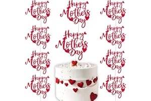 JJZXWISH 10pcs Happy Mother's Day Cake Topper Red Glitter Cake Topper Mothers Day Cupcake Topper Heart Shaped Cake Picks Cake Accessories for Mom's Birthday Mother's Day Gifts Cake Decoration Party (Red)