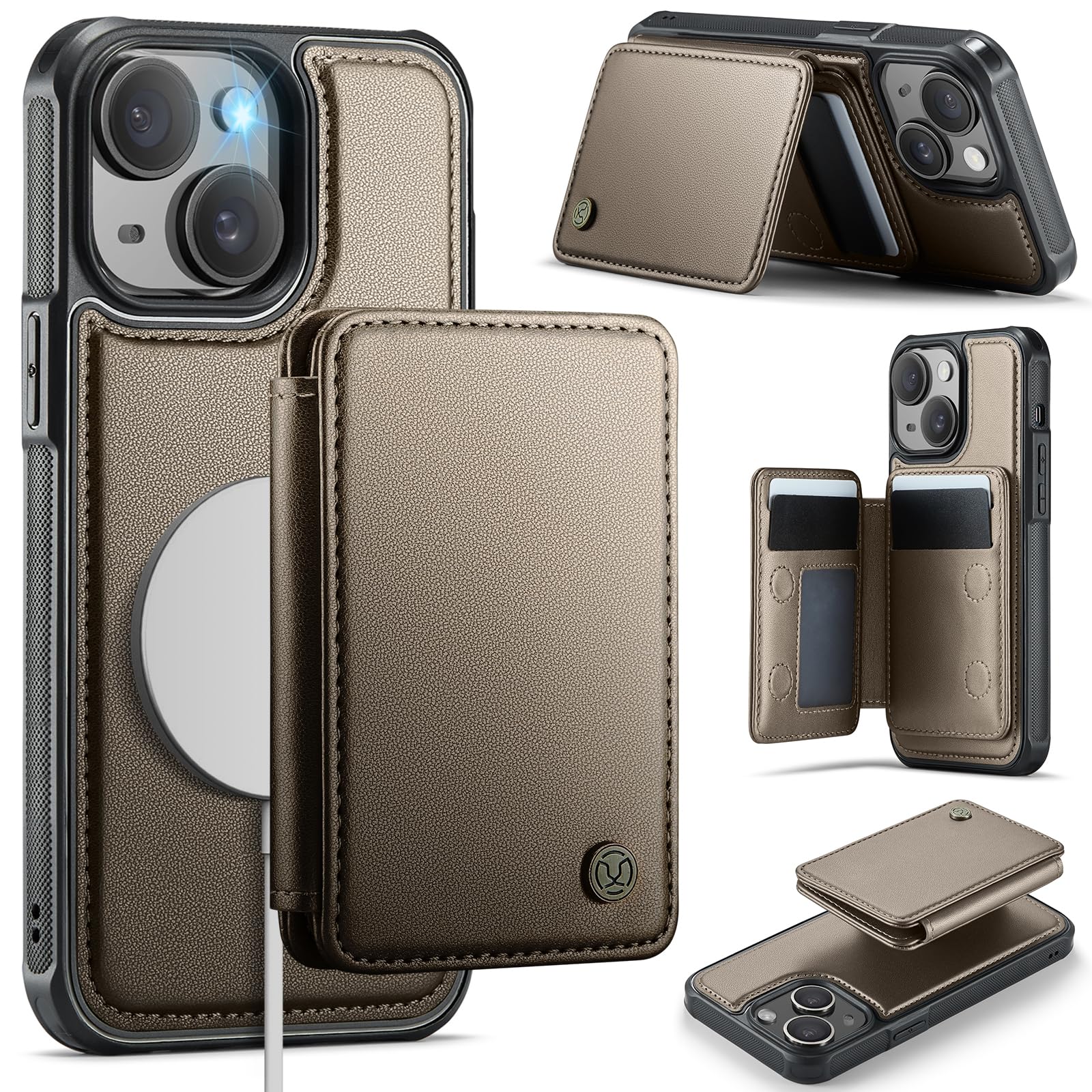 Photo 1 of Usroom Compatible with Magsafe for iPhone 14 Wallet Case Magnetic Card Holder, RFID Blocking 2 in 1 Detachable Kickstand Shockproof Cover for Women Men, Bronze Gold