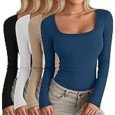 Oakgarden 4 Pack Women's Long Sleeve Shirts Scoop Neck Ribbed Knit Tops Casual Slim Fitted Cotton Tees Fall Basic T Shirts