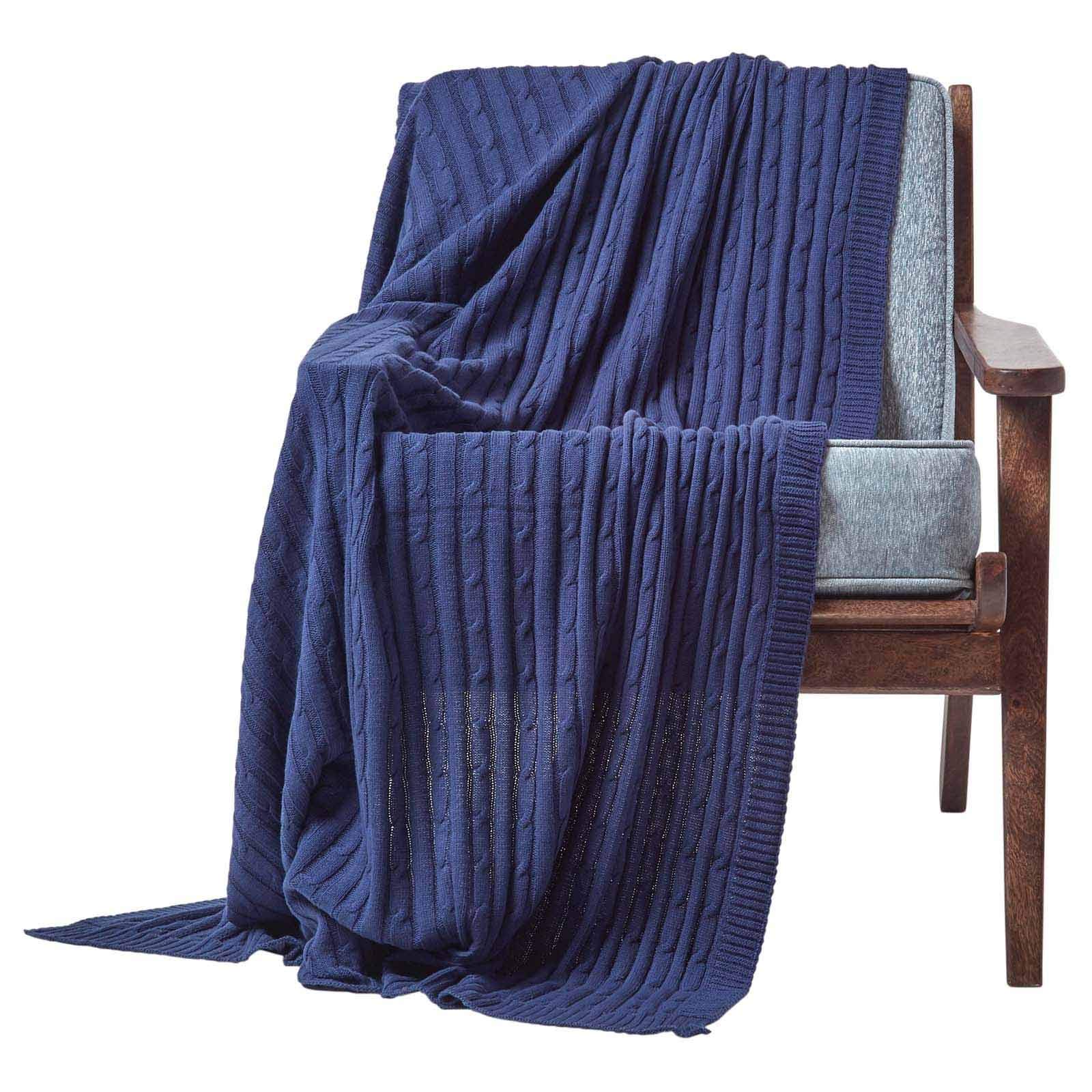 HOMESCAPES Large Navy Cable Knit Throw 150 x 200 cm Combed Cotton Soft and Cosy Dark Blue Blanket Bed and Sofa Throw For Small Sofas and Double Beds