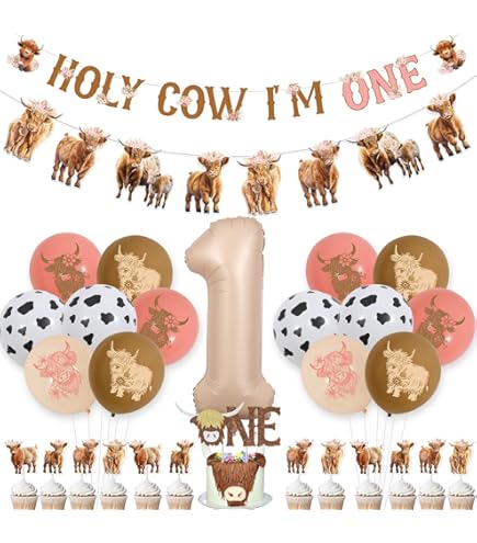 Highland Cow 1st Birthday Decorations - Pink & Caramel Theme Party Supplies For 1 Year Old Girl