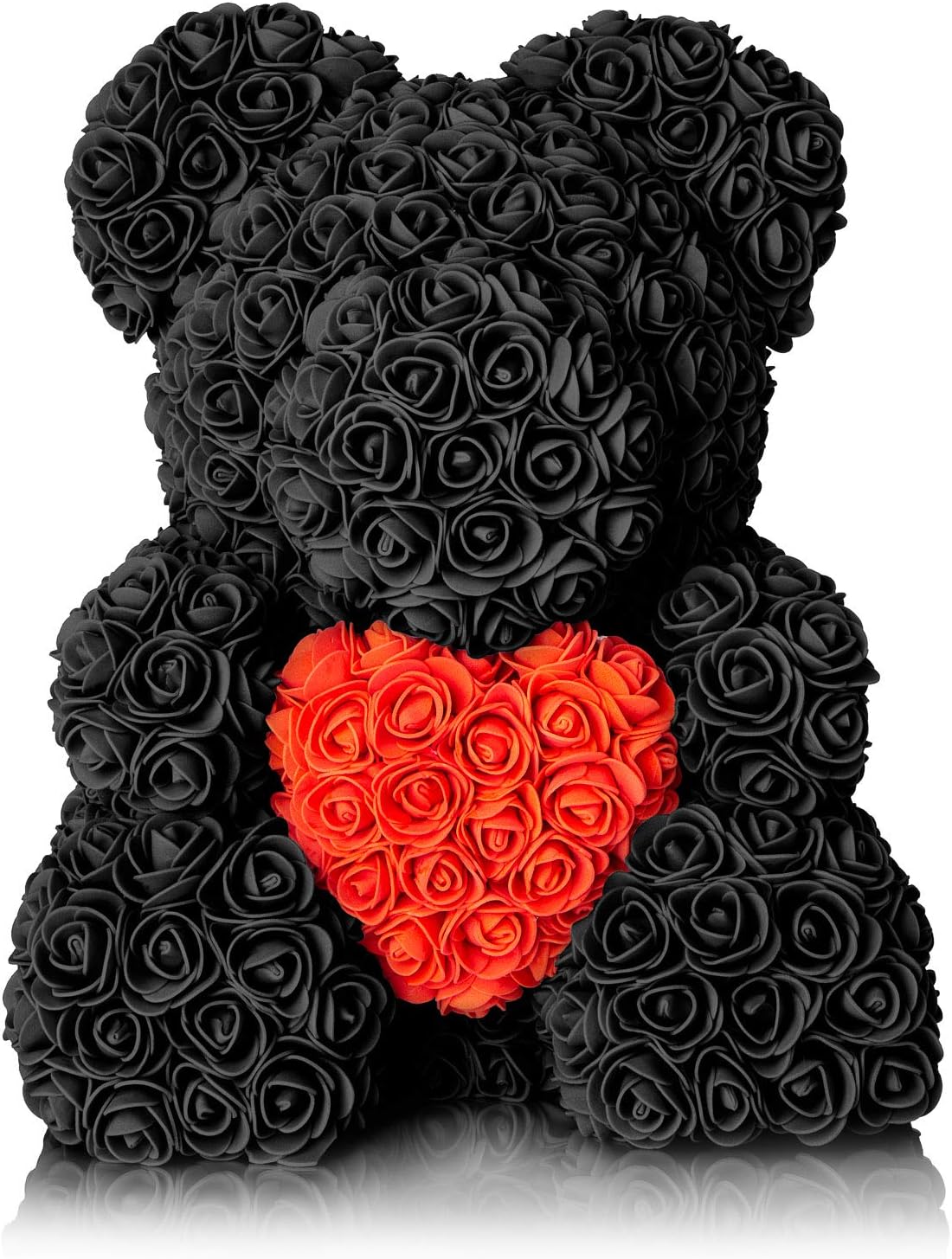 The Forever Rose Teddy Bear for Valentines - Gorgeous 14" Teddy Bear Made with Handmade Roses in Elegant, Fancy Valentine Gift Box (Black w/Red Heart)