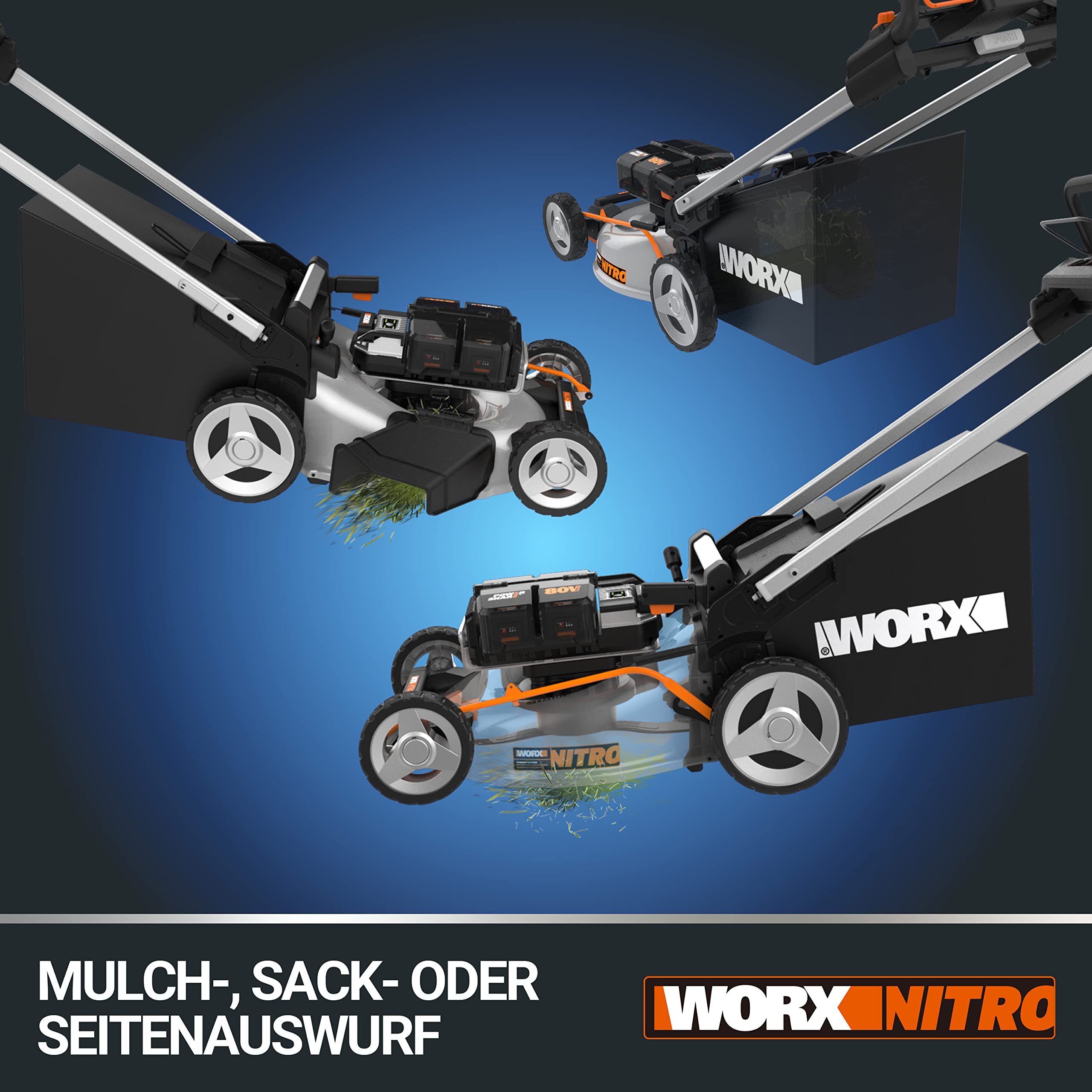 WORX WG761E Nitro Profi Akku Rasenmäher 80V (4x20V) - Kraftvoller Bürstenloser Motor - Radantrieb - 51cm Schnittbreite, 7 Schnitthöhen - Einhand-Schnitthöhenverstellung - mit 4x4Ah Akkus & Powerbank 5