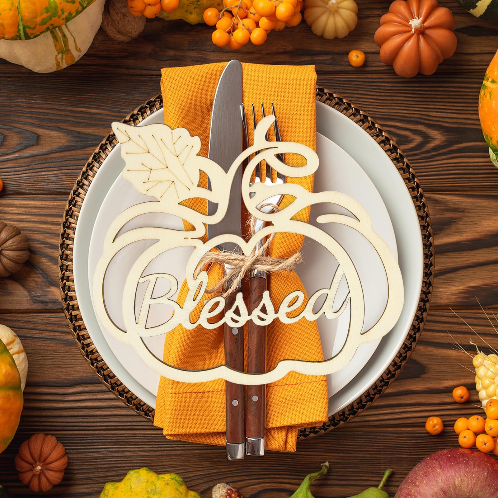 View 1 of 12 Pcs Thanksgiving Pumpkin Wooden Plate Decor Grateful Wood Cutouts Fall Autumn Thankful Blessed Favour Gather Party Place Card Table Settings Signs for Farmhouse Dining Table Holiday Harvest