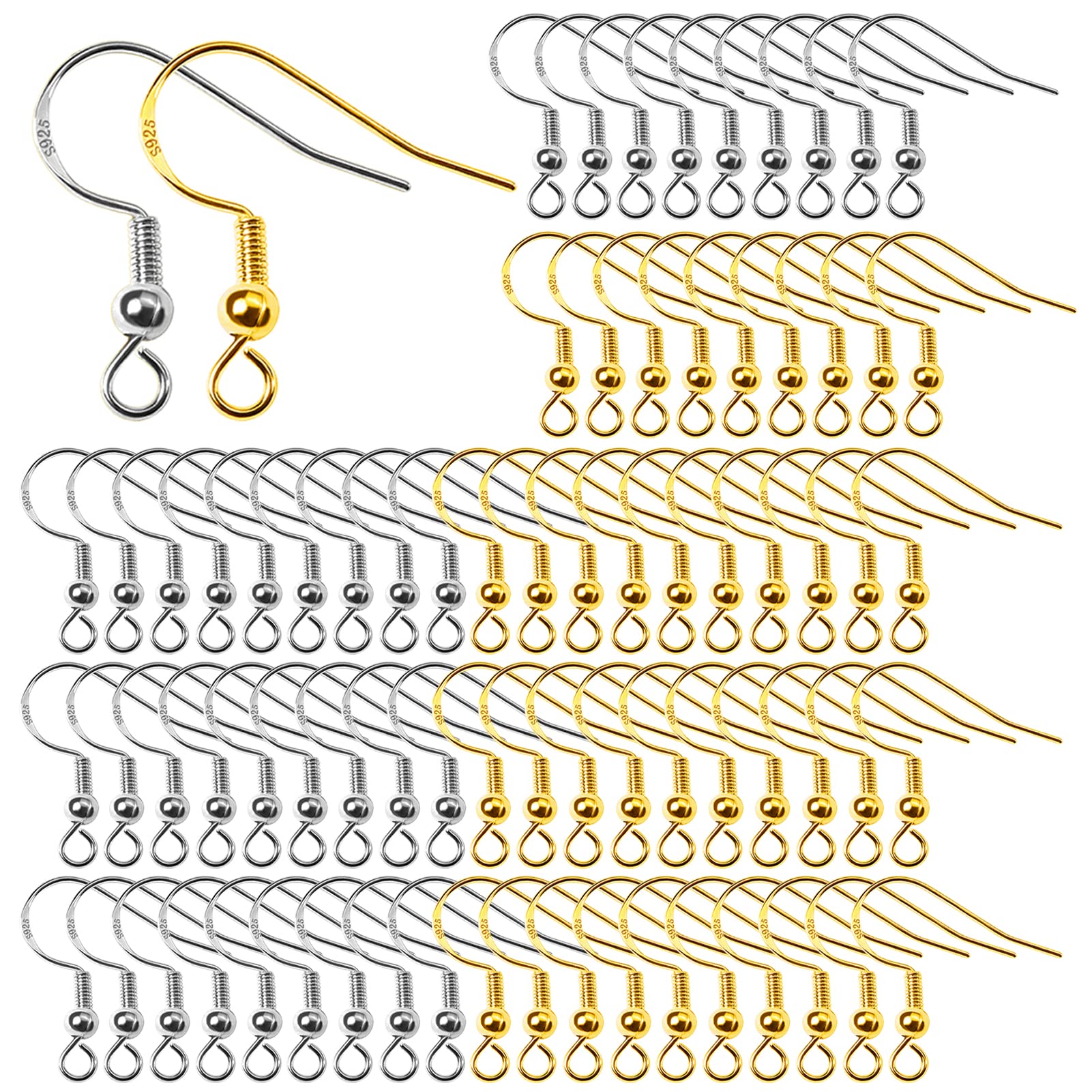 TOAOB 100 Pieces Hypoallergenic Earrings Hooks 925 copper silver plating Silver and Gold Tone Fish Hook with Spring Ball for DIY Earring Jewellery Making 18mm