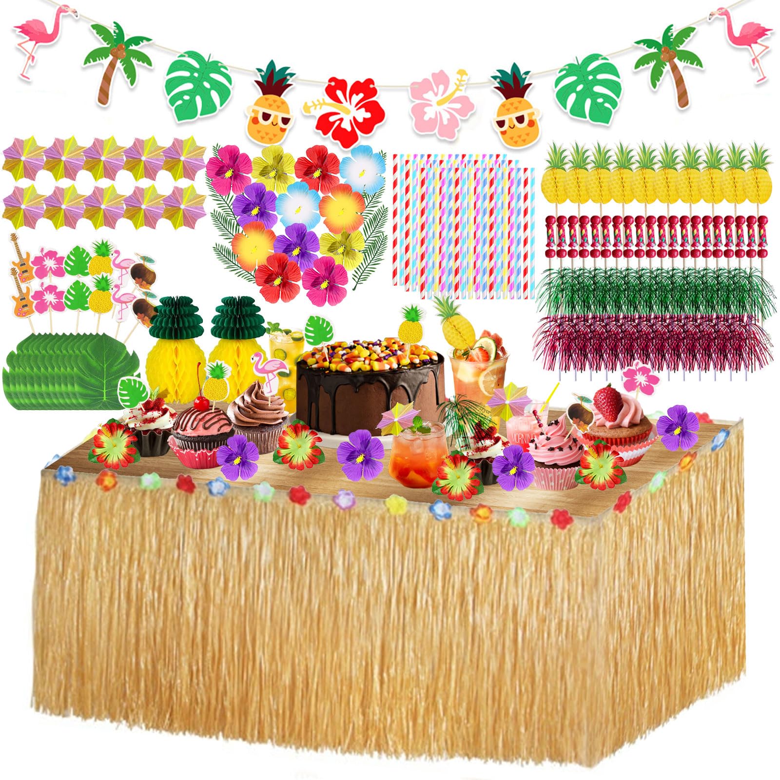 HavaCue 200 Pcs Hawaiian Party Decorations Set, Luau Grass Table Skirt, Fireworks Toothpicks, Paper Straws, Hawaiian Flowers, Palm Leaves,3D Pineapples for Tropical Jungle Beach Summer