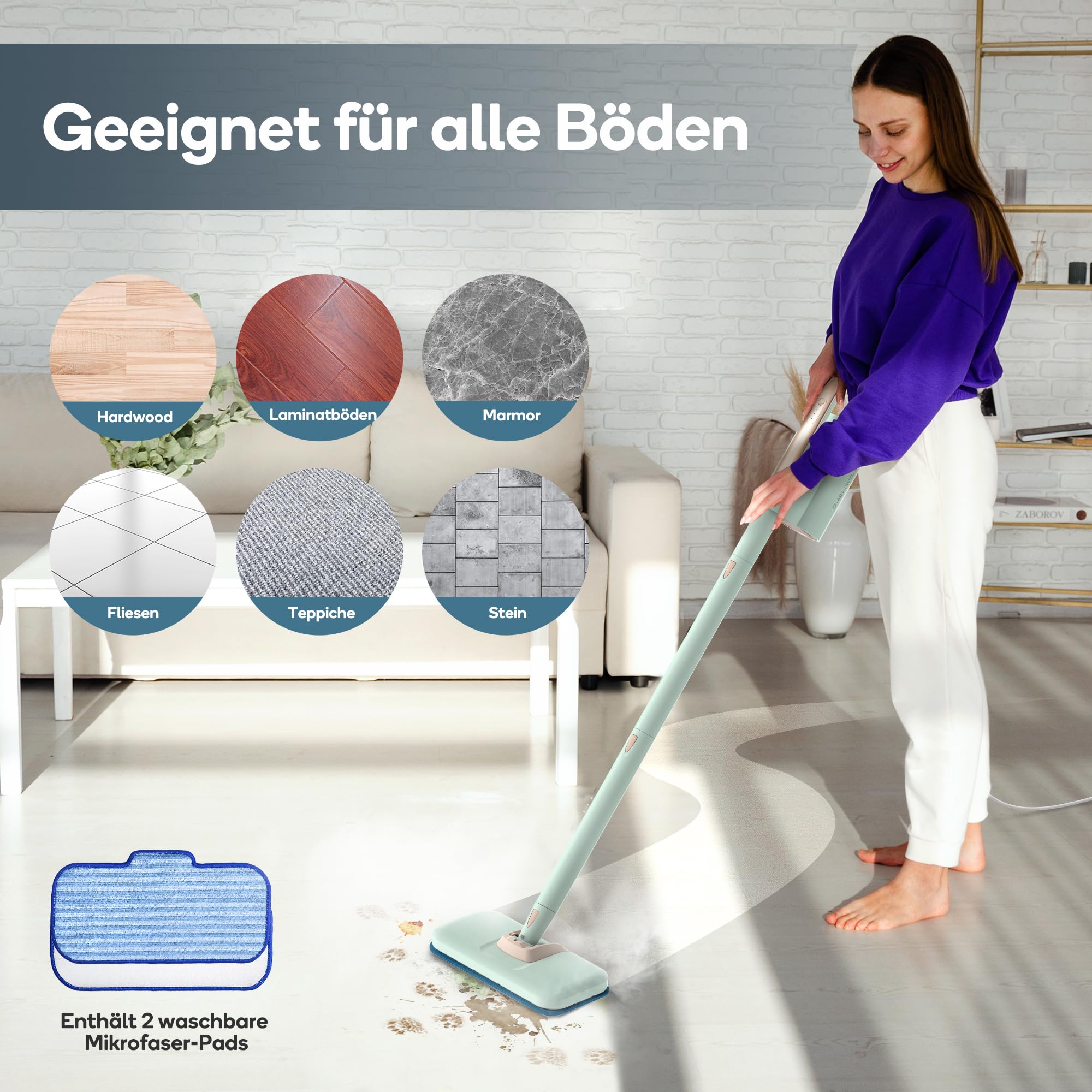 Newbealer 2-in-1 Dampfreiniger, 1200W Handgerät mit abnehmbarem Reiniger, 3 Dampfstufen, 7 Zubehörteile und 2 Mikrofaserpads, Ideal für Alle Böden, Teppiche 6