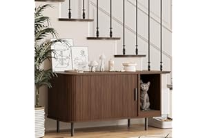 Halitaa Cat Litter Box Enclosure with Cat Scratch Pad, Sliding Door, 37.4" Litter Box Enclosure Furniture Hidden Litter Box, Modern Indoor Cat House, TV Stand, Side End Table for Living Room, Walnut