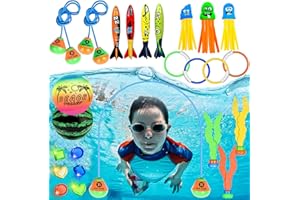 Infowush Diving Toys, 24 Pcs Pool Toys with Swim Thru Rings, Diving Rings, Pool Torpedo, Diving Gems, Diving Jellyfish, Diving Balls, 2 Balls Include, Summer Pool Games Pool Toys for Kids Ages 4-12