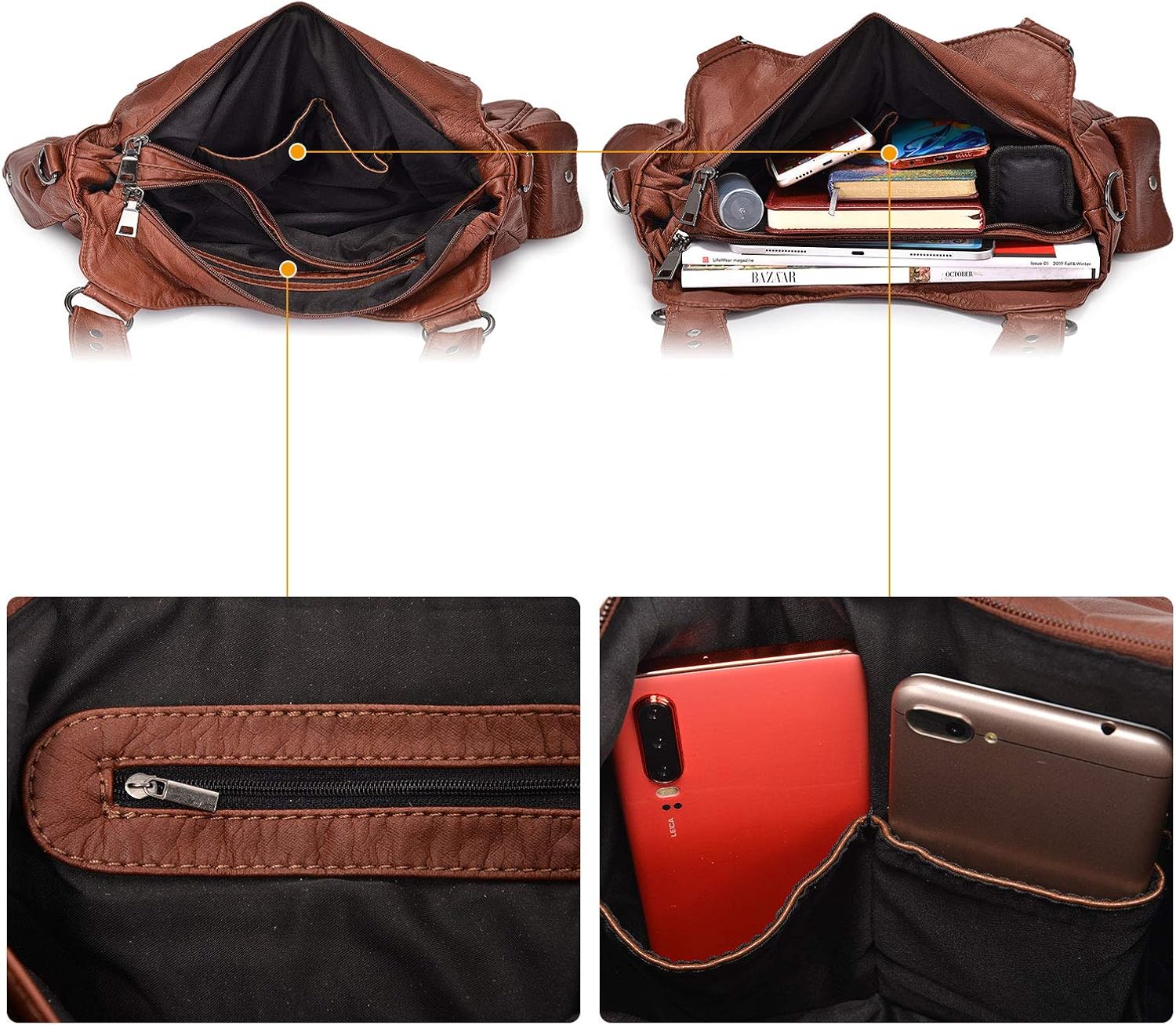 BAIGIO Ladies Handbag Soft Washed Leather Hobo Shoulder Bag Cross Body Top-Handle Purse For Women with Detachable Shoulder Strap (#A-Brown) - Image 5