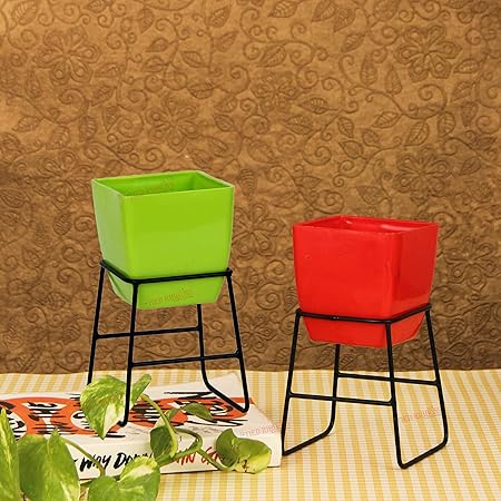 TIED RIBBONS Tabletop Planter Pot with Stand for Indoor Plants Living Room Bedroom Home Office Decoration (Plastic Pots with Metal Stand, Pack of 2)