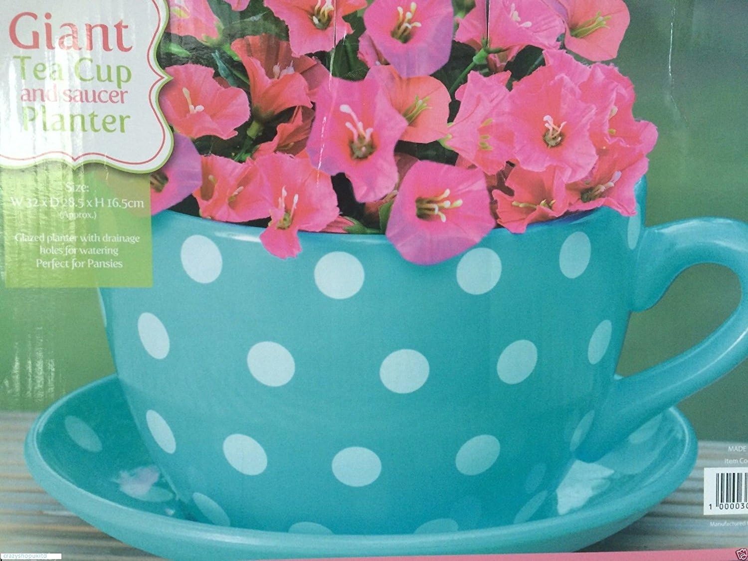 Giant Blue With Pink Roses Design Tea Cup And Saucer Planter