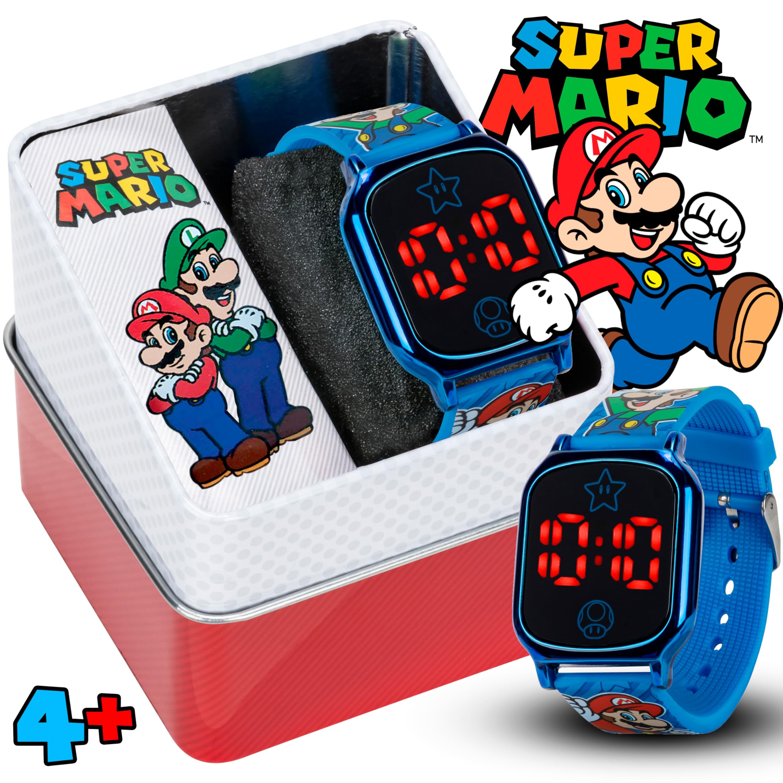 Accutime Super Mario Kids Touch-Activated LED Watch - Digital Time Display, Blue Alloy Case, Soft Silicone Strap, Fun Mario & Luigi Design - Fits Wrists 5.5