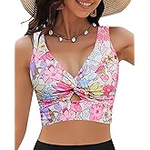 GRAPENT Bikini Tops for Women Cropped Tankini Tops Floral Printed Beach Padded Knot Twist Cut Out Bathing Suit Top Only