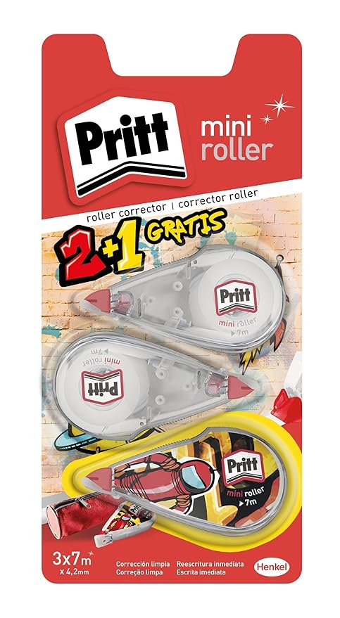 Pritt Roller Corrector Mini, pequeño y preciso, secado inmediato, 3 uds 4.2mmx7m