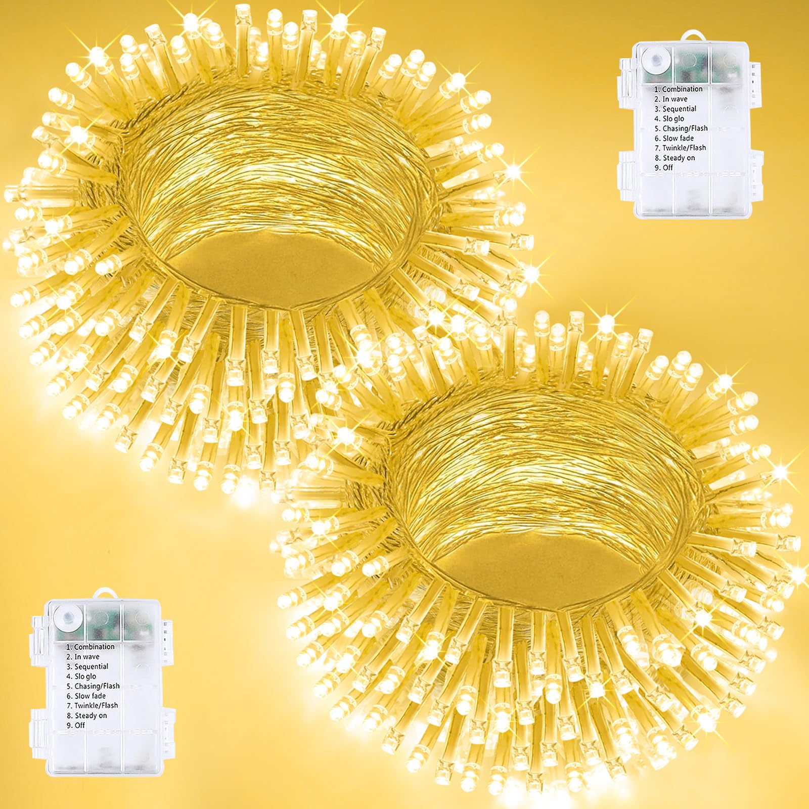 Photo 1 of 2 Pack Christmas String Lights Battery Operated with Timer, 66FT 200 LED Waterproof Twinkle Lights, 8 Modes Fairy Light for Indoor and Outdoor Bedroom Garland Tree Christmas Decorations (Warm White)