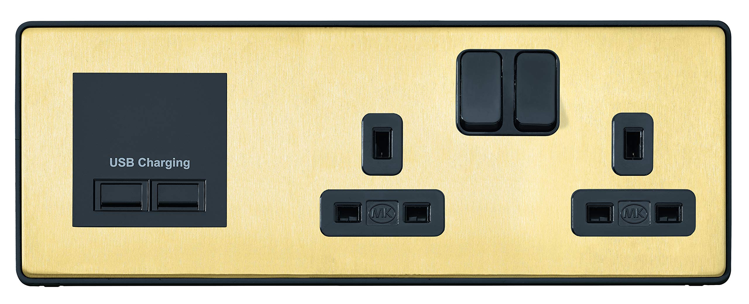 MK Dimensions 2 Gang Combi Switch Socket Stain Brass Finish with a Black Trim Multimedia Plate with Left Side Euro Frame
