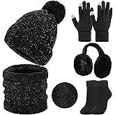 5 Pcs Womens Hat Scarf Gloves Set Winter Fleece Ear Muffs Warm Socks Outdoor Touch Screen Gloves Beanie Skull Cap