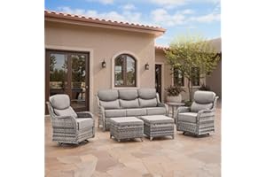 BELLEFURN Swivel Patio Chairs sofa Set of 6 - 6" Thick Cushion - Wicker Outdoor Swivel Rocker Patio Chair ,Sofa/Glass coffee table, High Back Comfortable Outdoor Glider Chairs - Grey Wicker | Grey Cushions