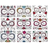 Day of Dead Face Tattoos, 6-Sheet Sugar Skull Tattoos Temporary Stickers and 3-Sheet Fake Floral Black Skeleton Web Full Face Mask Tattoo for Women Girls Kids Holloween Face Makeup