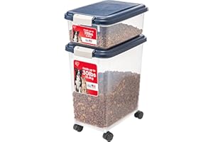 IRIS USA 2-Piece 41 Lbs / 45 Qt WeatherPro Airtight Pet Food Storage Container Combo and Treat Box for Dog Cat and Bird Food, Stackable, Keep Fresh, Translucent Body, Easy Mobility, Navy
