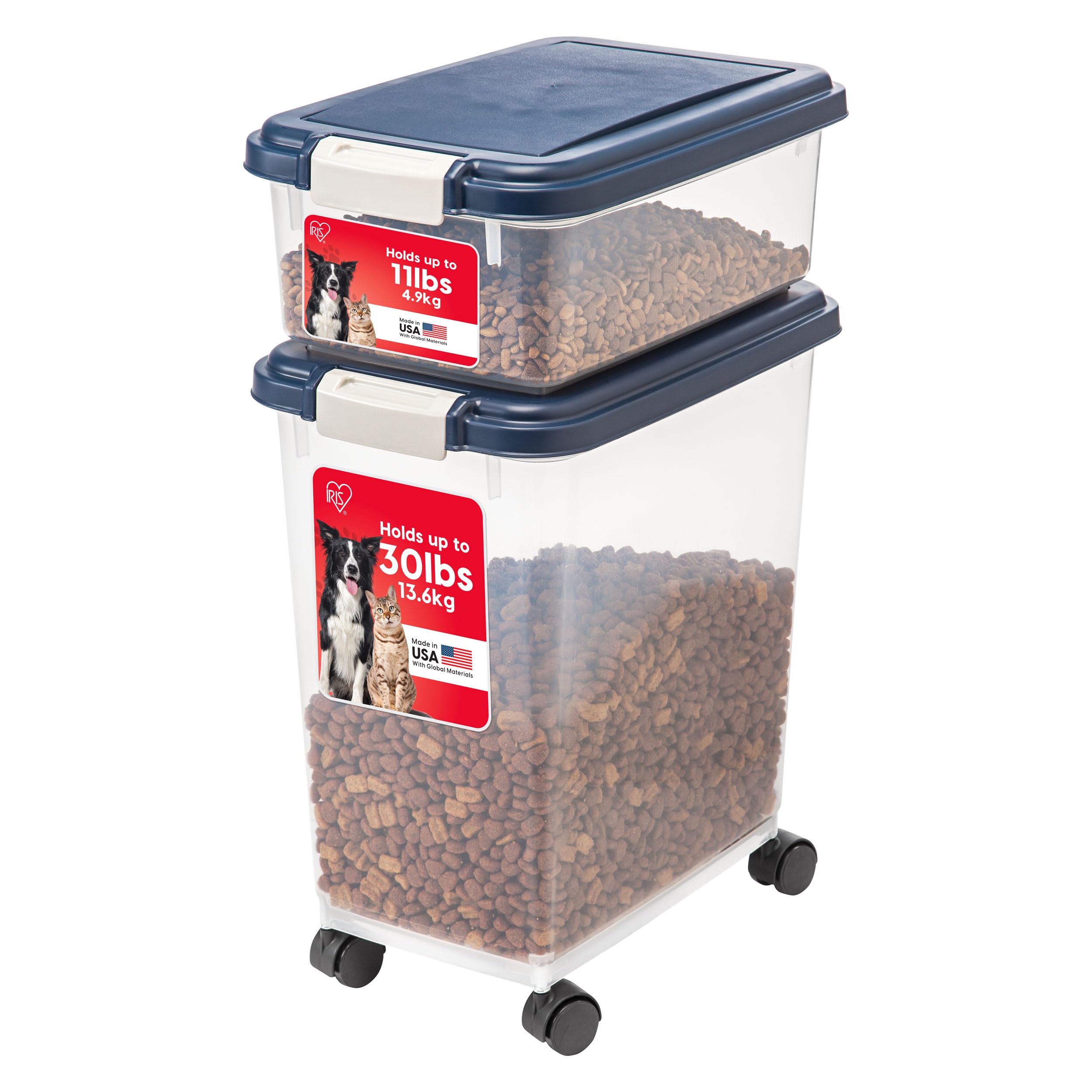 Photo 1 of IRIS USA 30 lbs & 11 lbs Combo Airtight Dog Food Storage Container, Stackable Treat Box, Wheels, Keep Fresh, Easy Mobility, Navy