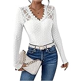SOLY HUX Women's Lace Trim Tee Shirt Long Sleeve Eyelet Tops Casual V Neck Slim Fit Shirts Fall Outfit Clothes