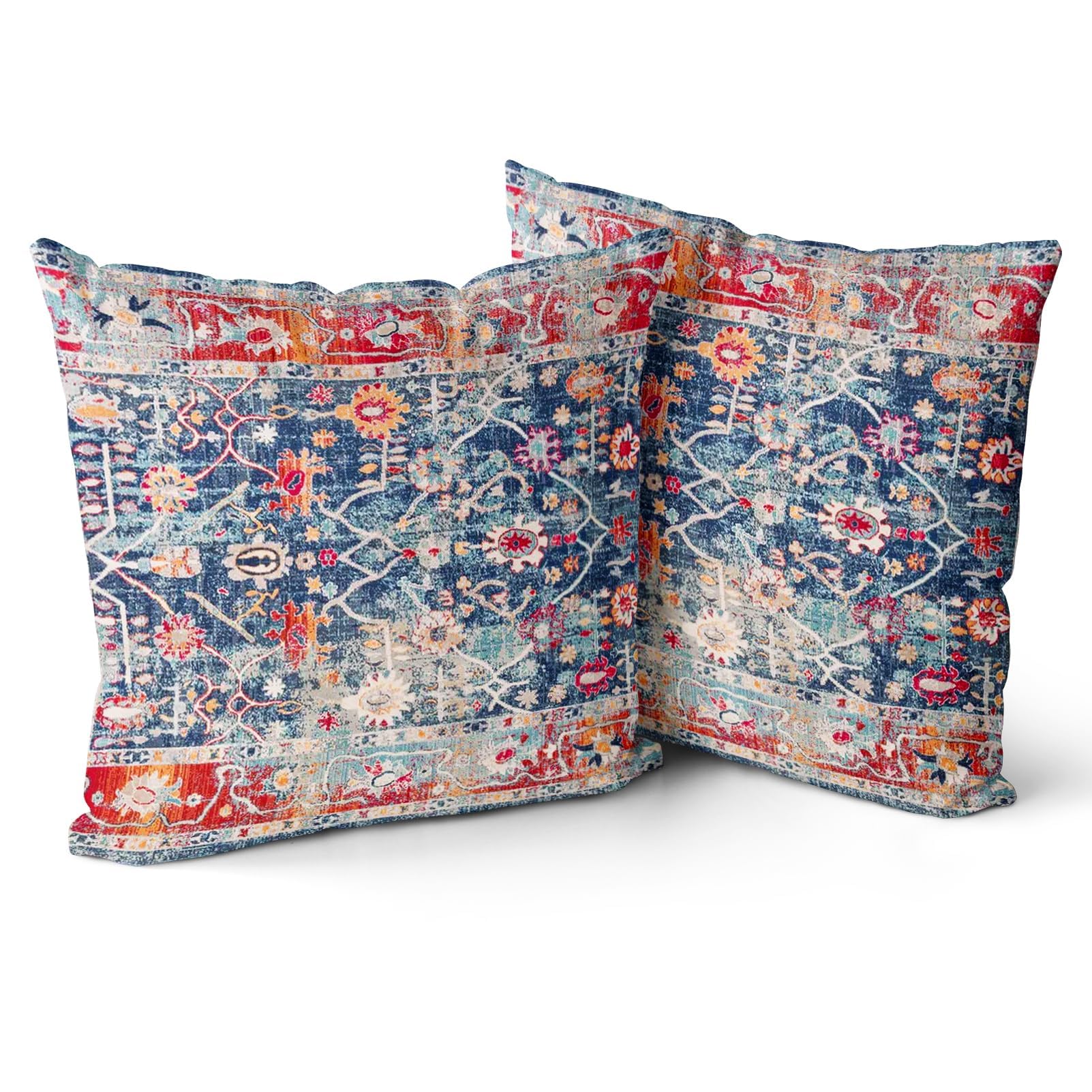 Snylcce Boho Pillow Covers 65x65 CM Set of 2 Bohemian Carpet Throw Pillows For Couch Navy Blue Red Geometric Floral Decorative Pillow Cases Farmhouse Home Decor For Sofa Porch Patio Bed Room Outdoor
