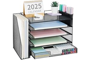 OPNICE Desk Organizers and Accessories with File Holder, 5-Tier Office Desk Accessories & Workspace Desktop Organizer with Drawer and 2 Pen Holder, File Paper Organizer for Office Supplies(Black)