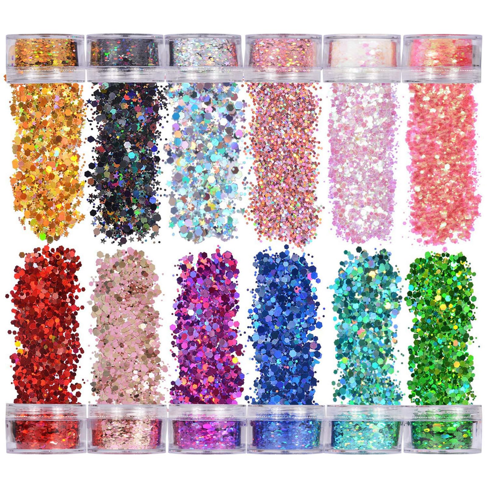 Veroa 12 Colors Make Face Body and Hair Glitter at The Festival,Chunky Glitter for Festivals, Parties, Raves,Brightly Coloured Festive Accessories(5g*12PCS)