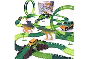 LANSAND Dinosaur Toys for Kids 3-5, 245 pcs Dino Race Car Track Create A Dinosaur World Road Race with Flexible Train Track Playset, 2 Electric Dinosaur Race Cars Toy,Best Gift for 3 4 5 Years Old Boys Girls