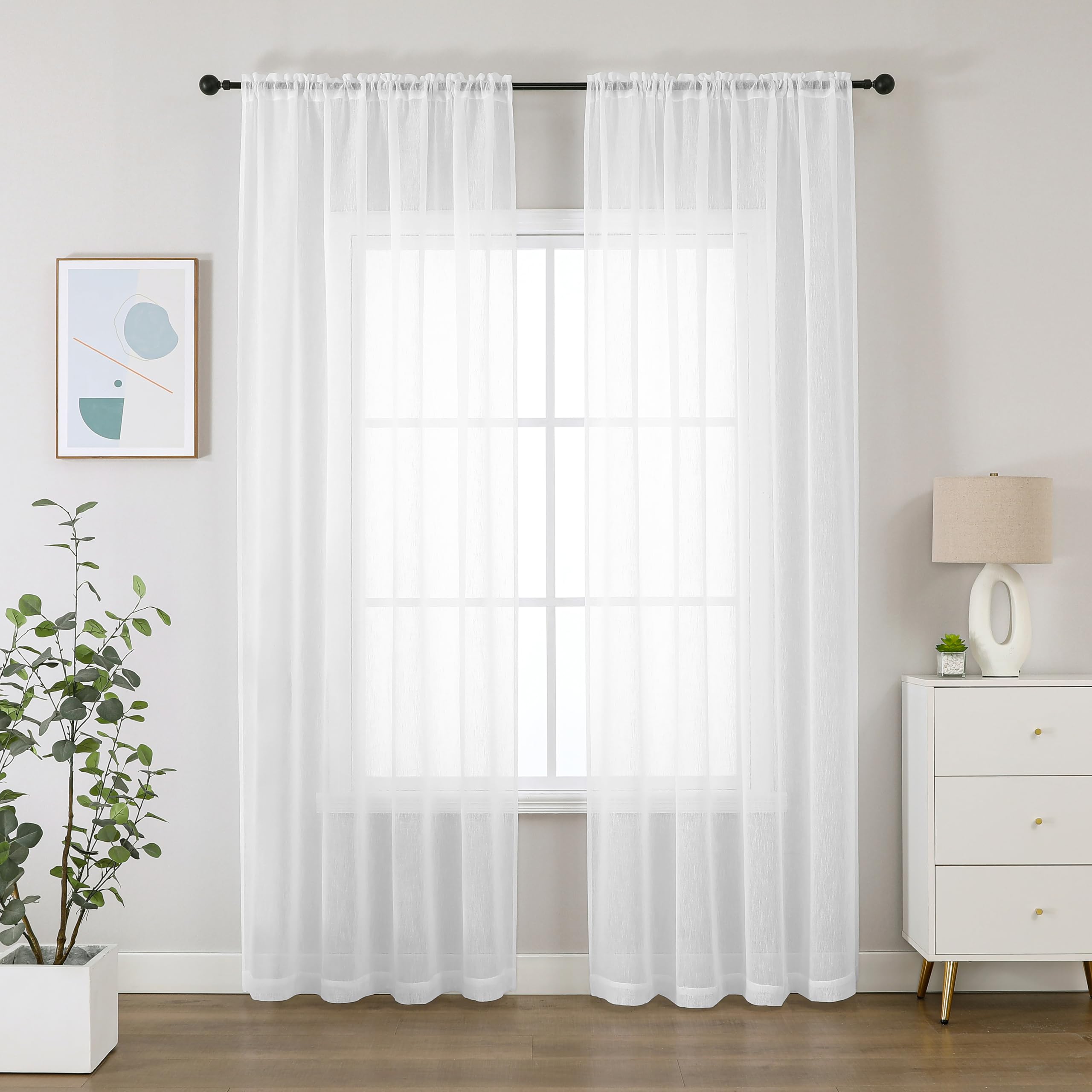 Bujasso White Semi Transparent Elegant Sheer Curtains for Windows Home Decoration And Privacy Protected Linen Textured Drapes Window Treatment Sets Rod Pocket 2 Panels 55" Wx72 L,White