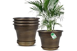 FODETYFF 16 inch Plant Pots Outdoor Planters，4 Pack Large Plastic Flower Pot for Indoor Plants with Drainage Holes & Saucer, Resin Decorative Container Sets with Trays for House Outdoor Garden Plant Dark Gold