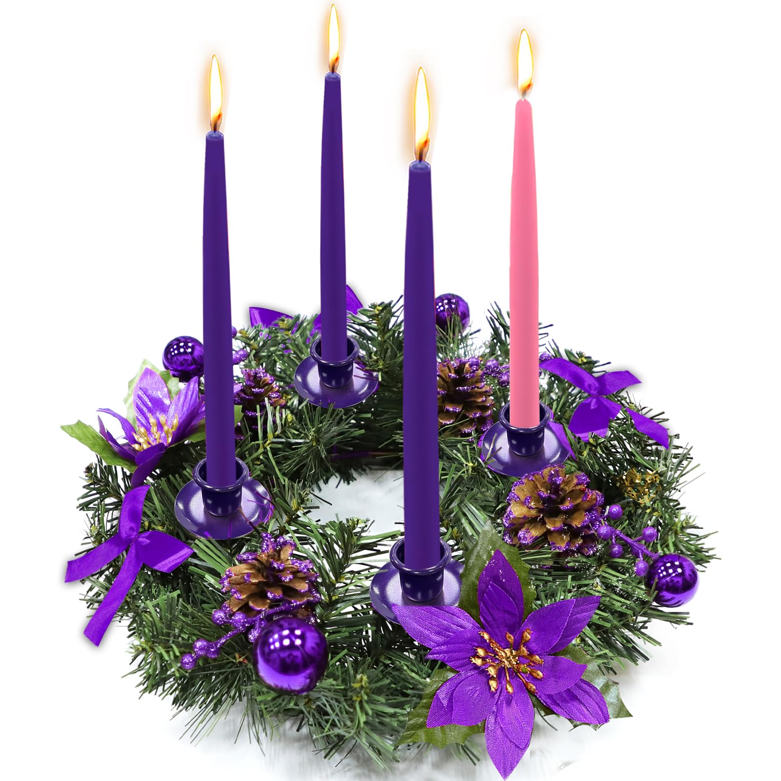 Photo 1 of [Safety Fire Retardant] Christmas Purple Advent Wreath Decor 4 Advent Candle Holder with 4 Pinecorn 4 Ribbon 2 Poinsettia 4 Ball 4 Berry Christmas Centerpiece Table Decorations Home Indoor(No Candles)
