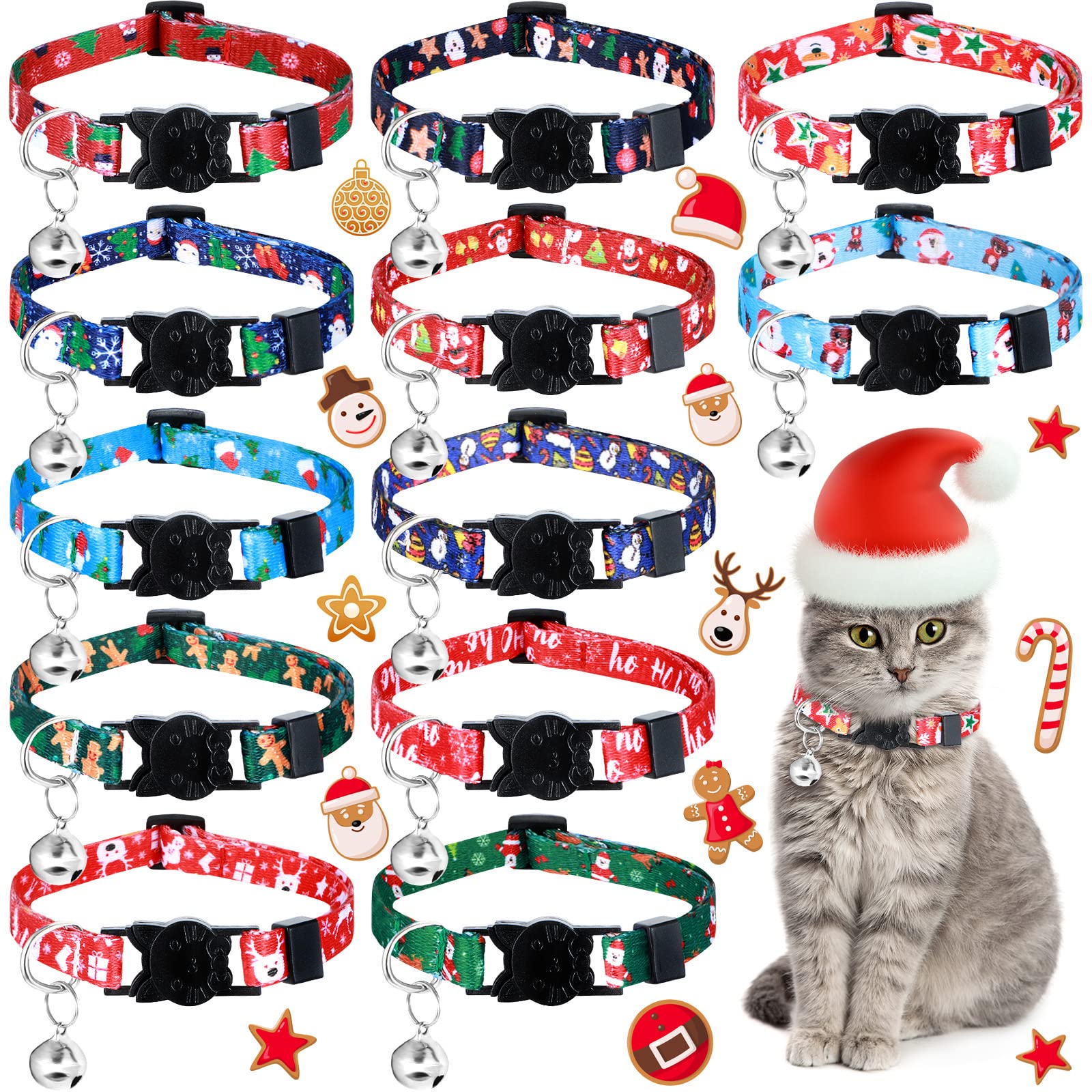 12 PCS Christmas Cat Collar Thanksgiving Breakaway Cat Collars with Bell Adjustable Pet Collar with Gingerbread Man Snowman Santa Claus Elk Xmas Tree Pumpkin Patterns for Cat Festival Party(Santa)