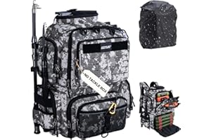 Goture 45L Fishing Backpack 900D Oxford Cloth & Rain Cover, Fishing Tackle Bag w/Rod Holders, Adjustable Compartment & 8 Lure