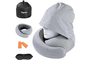 Vzpeun Travel Pillow - Hooded Neck Pillow Airplane, Memory Foam Pillow for Plane, Office, Cars Sleeping, Long Flight Must Haves, Road Trip Essentials Accessories for Adults (Light Gray)