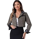 Allegra K Tweed Plaid Blazer for Women's Contrast Collar Double Breasted Vintage Cropped Jackets