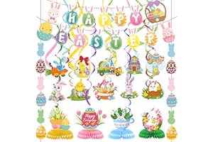 GUSGROP Easter Decorations for Home Easter Décor - 47Pcs Easter Egg Decorating Kit, Happy Easter Banner with 3D Bunny Easter Backdrop Easter Party Favors for Class Office Ceiling Decor Yard Garden Outdoor