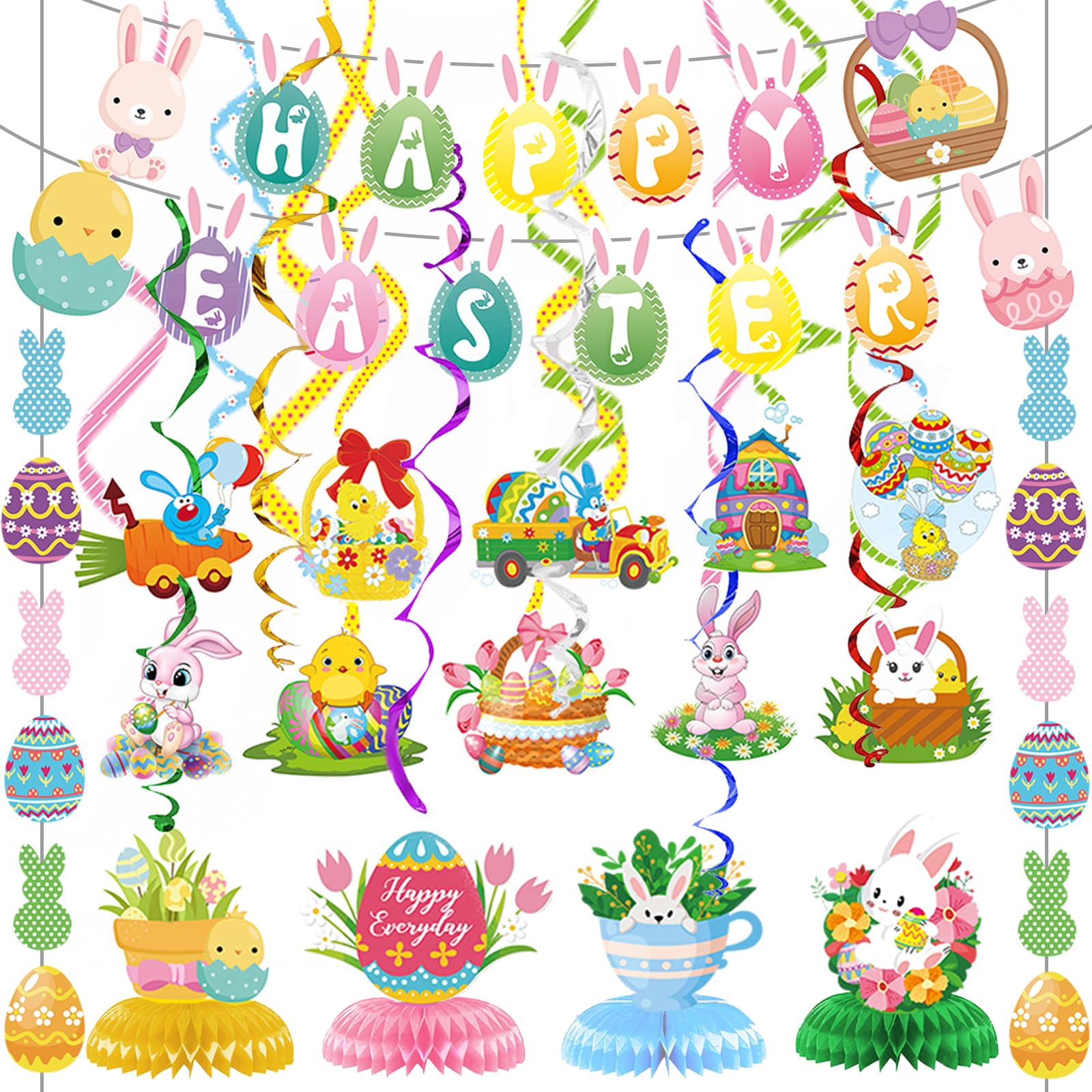 Easter Decorations for Home Decor - 47Pcs Danner Kit, Happy Easter Banners with 3D Bunny Backdrop for Photography Birth Party Favors for Class Office Ceiling Decor Yard Garden Outdoor