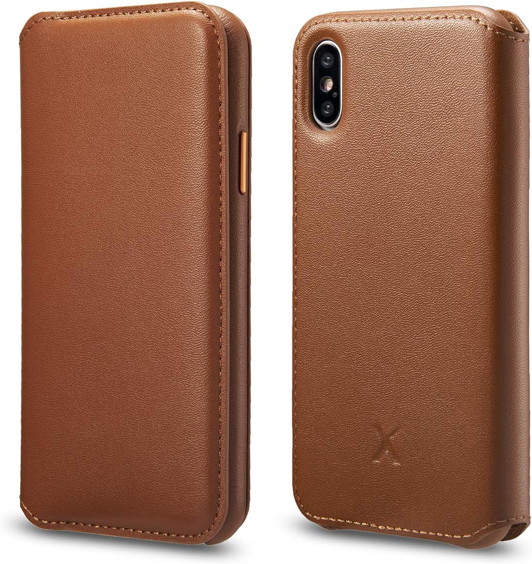Xcentz iPhone Xs/X Wallet Case, iPhone Xs/X Flip Case Leather, Auto Wake Sleep, Credit Card Slot Card Holder Flip Folio Case, Wireless Charging Compatible for iPhone Xs/X (5.8-inch 2018) - Brown