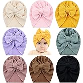 inSowni 8 Pieces Soft Stretchy Baby Turban Hats with Kontted Big Bow Newborn Nursery Hospital Caps Bonnets Beanies Headwraps for Baby Girls Boys Infants Toddlers