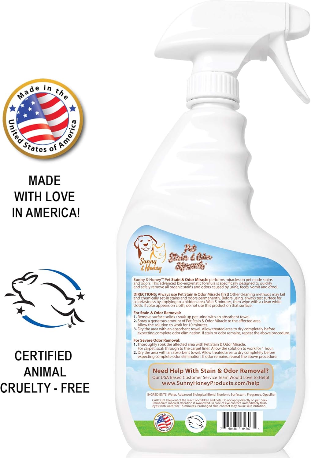Pet Stain & Odor Miracle - The Best Enzyme Cleaner for Dog Urine Cat Pee Feces Vomit, Enzymatic Solution Cleans Carpet Rug Car Upholstery Couch Mattress Furniture, Natural Eliminator (S/M 32FL OZ): Kitchen & Dining