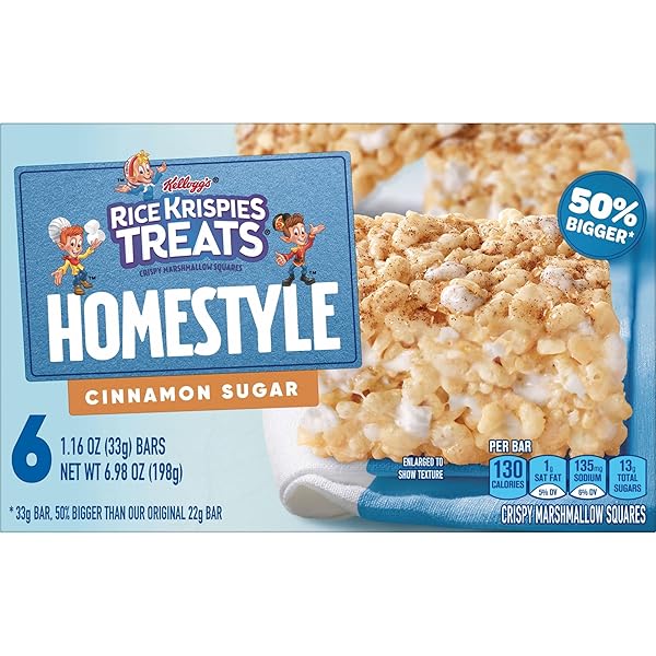 RICE KRISPIES TREATS HOMESTYLE MARSHMALLOW SNACK BARS, KIDS SNACKS, LUNCH SNACKS, CINNAMON SUGAR FLAVOR, 6.98OZ BOX (6 BARS)