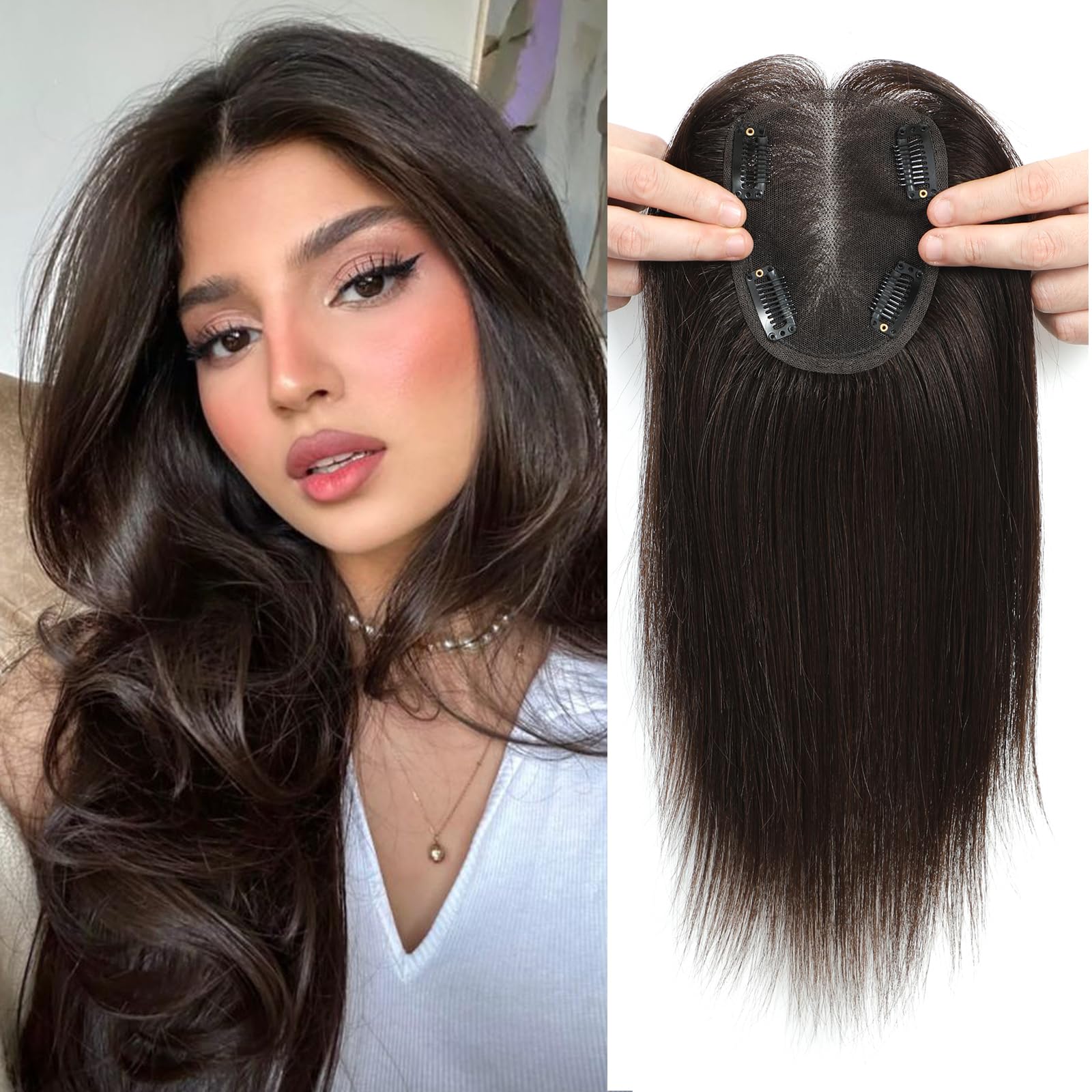Human Hair Toppers for Women Real Human Hair Topper with Thinning Hair Clip In Topper Hairpieces 40g No Bangs 10 * 12CM Swiss Base Wiglets Top Hair Toppers 12Inch （Dark Brown）