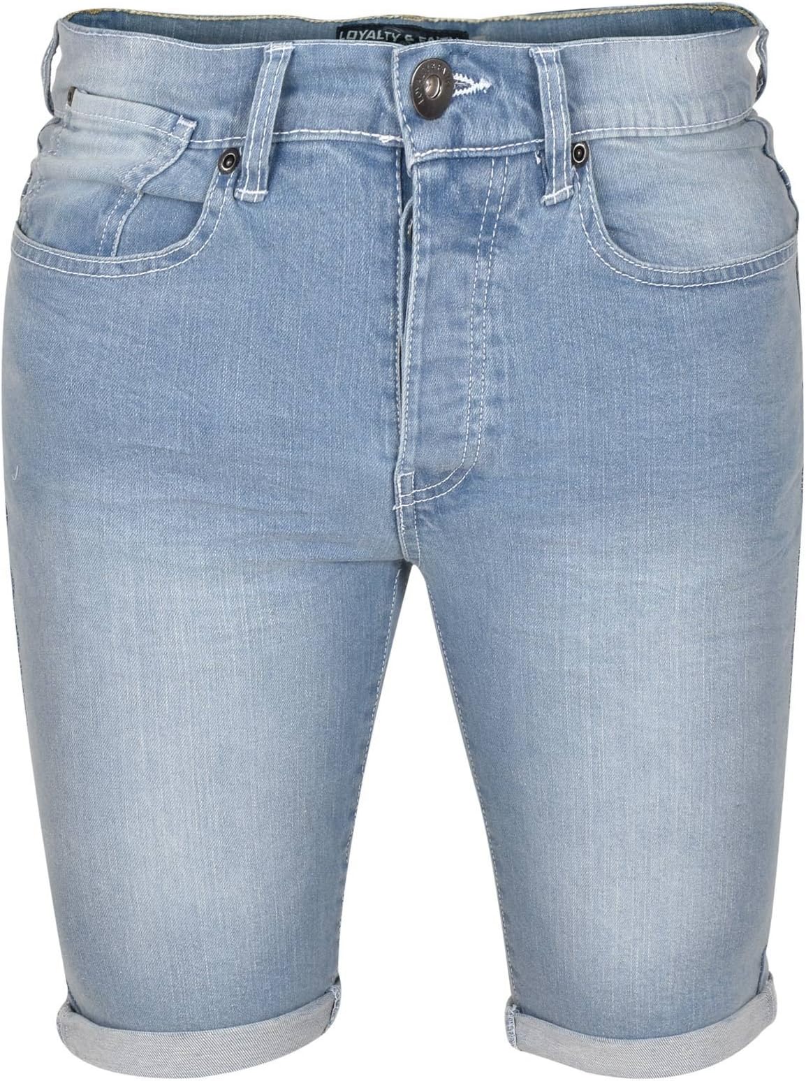 Loyalty & Faith Mens Skinny Fit Shorts Turn Up Stretch Half Pants Button Fly Bottom with Pockets Waist Sizes 30,32, 34, 36, 38 in White, Black, Blue Colours