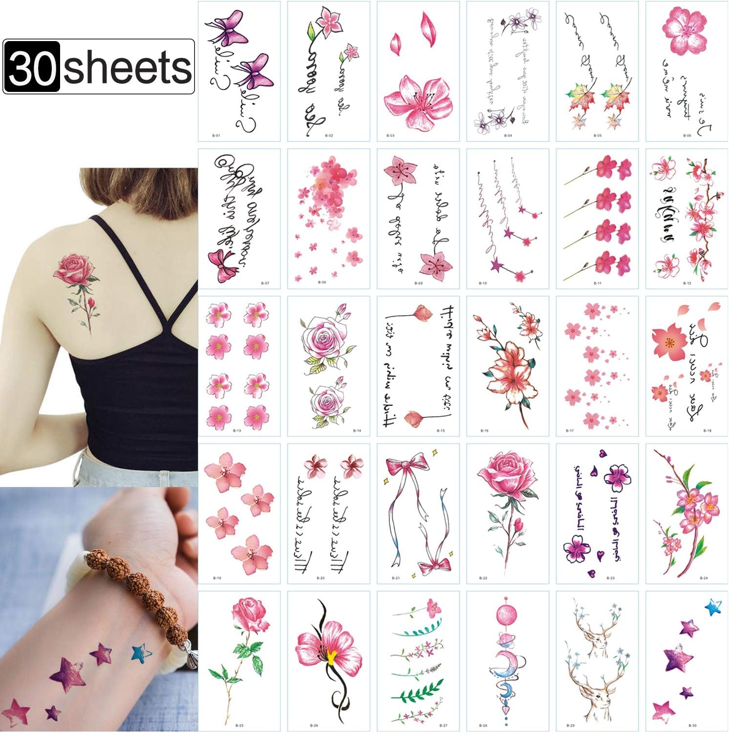 Unique Colorful 30 Pieces Temporary Tattoo Stickers For Adults Women Girls Flower Butterfly Body Art Tattoos Sheet Bride Sexy Wedding (Colorful-B) - Image 3